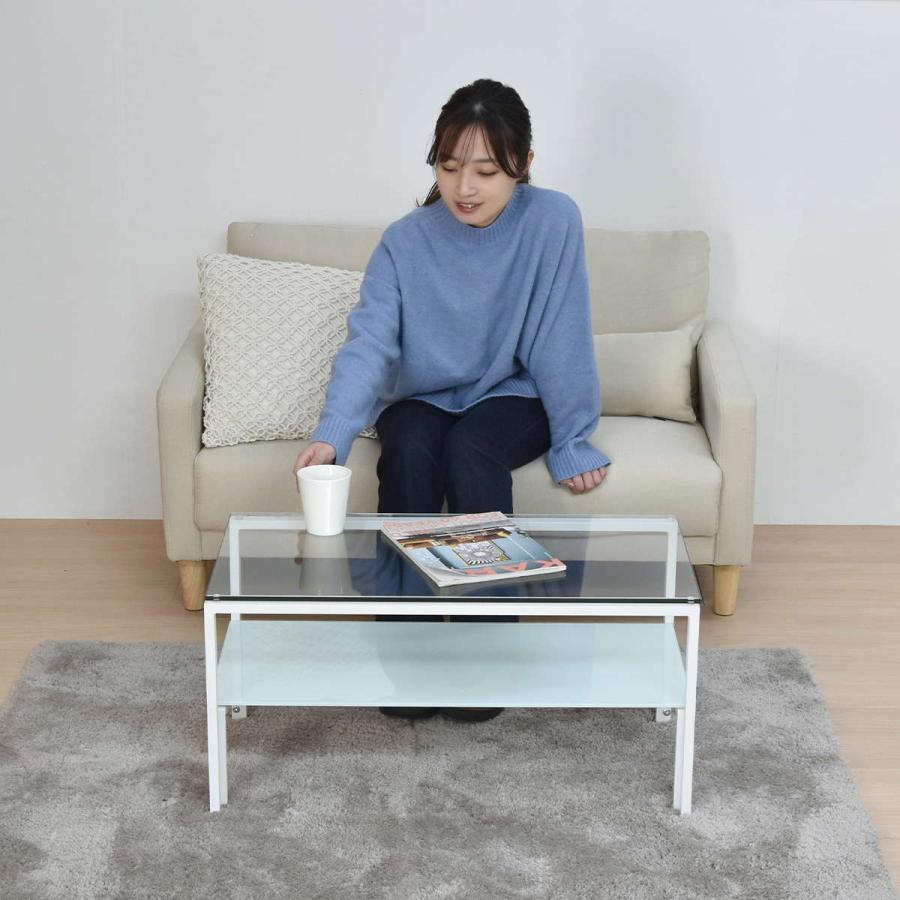 ガラステーブル センター 幅88cm 強化ガラス天板 収納付 二段収納 棚付き センターテーブル 収納付き 二段収納 強化ガラス おしゃれ リビング