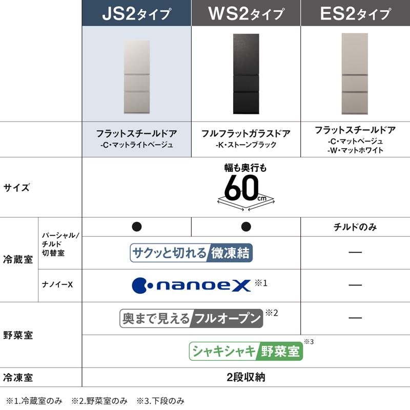 【5年間延長保証込】Panasonic パナソニック 冷蔵庫 右開き3ドア 326L JSタイプ NR-C33JS2 C「Aエリア限定配送」の画像