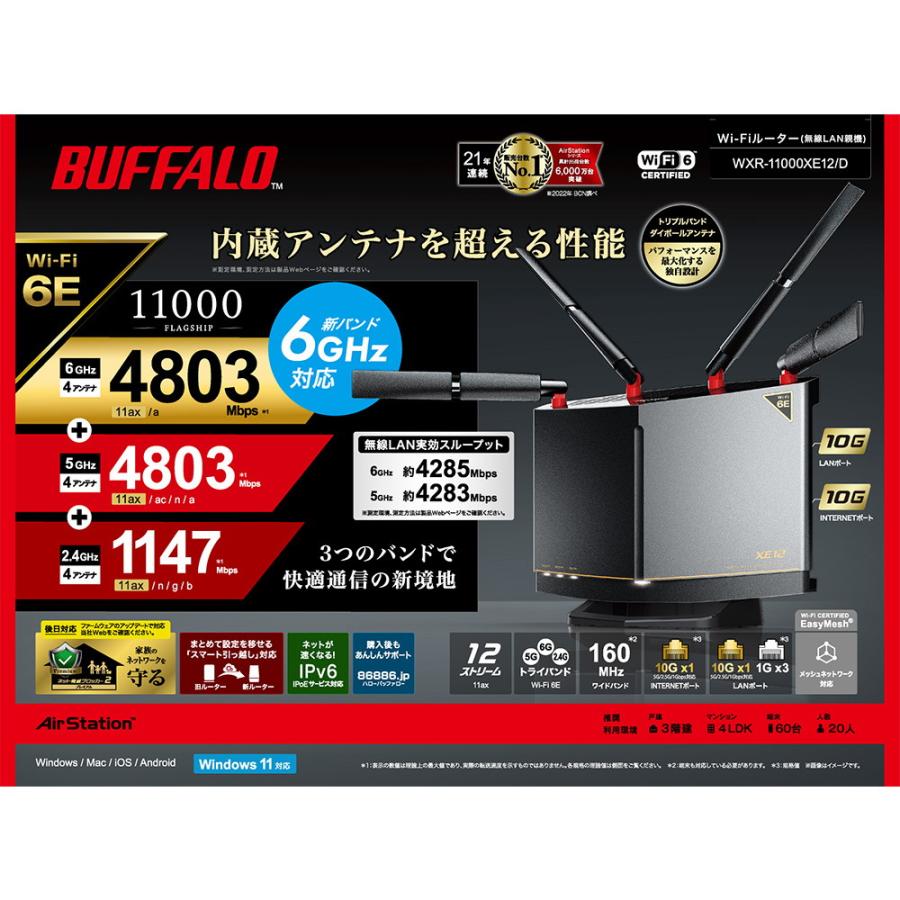 BUFFALO バッファロー Wi-Fi 6E(11ax)対応無線LANルーター 4803+4803+1147Mbps Ipv6 WXR-11000XE12/D_9