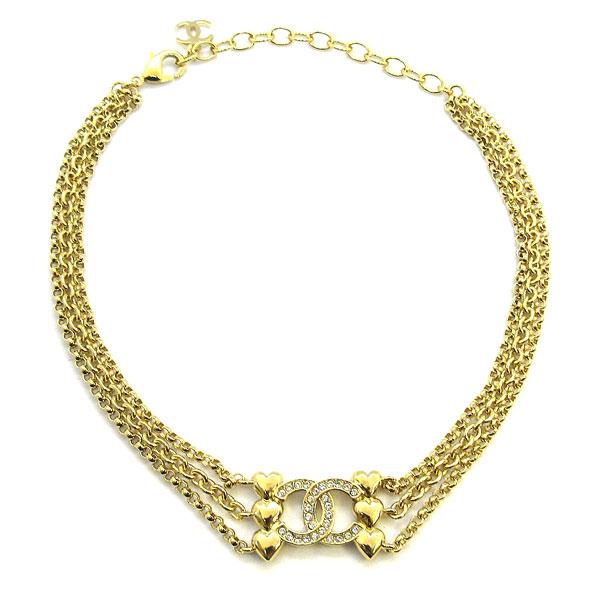 ≪新品≫ CHANEL シャネル CCマーク チョーカー 三連 ネックレス ABA260 B10486 NN007 ハート ゴールド チェーン ラインストーン ココの画像