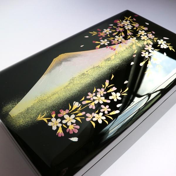 オルゴール プレゼント 会津塗宝石箱L(7.0角)黒／富士に桜 18弁 好きな
