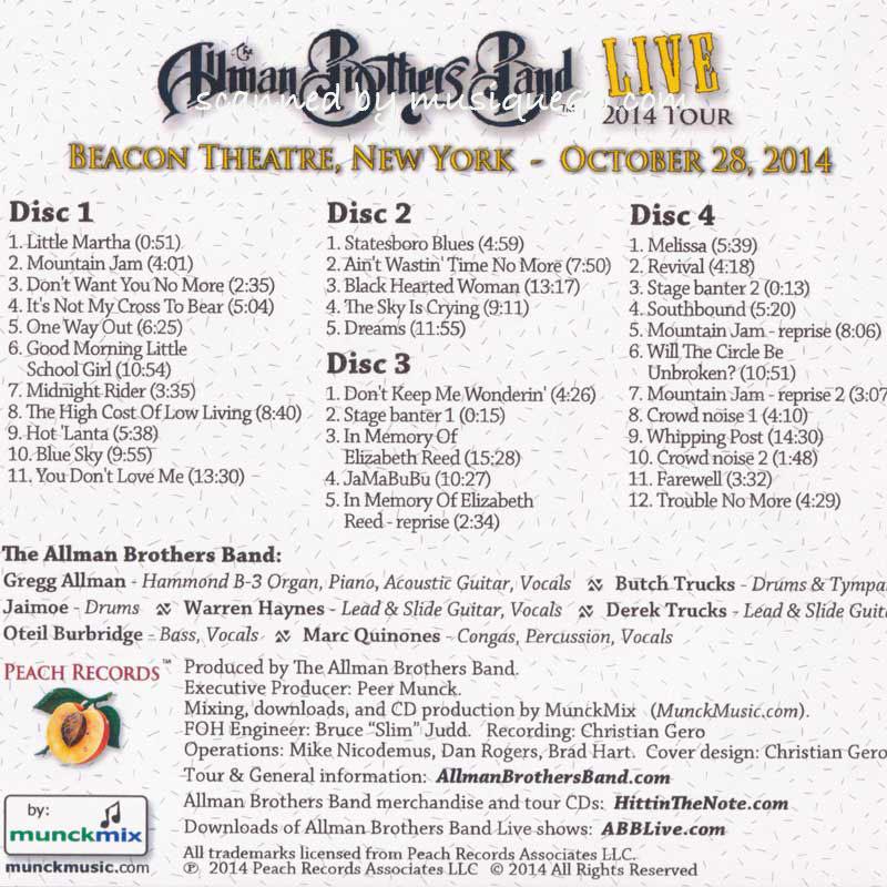 オールマンブラザーズバンド The Allman Brothers Band - Beacon Theatre, New York City 10/28/2014 (CD)｜musique69｜02