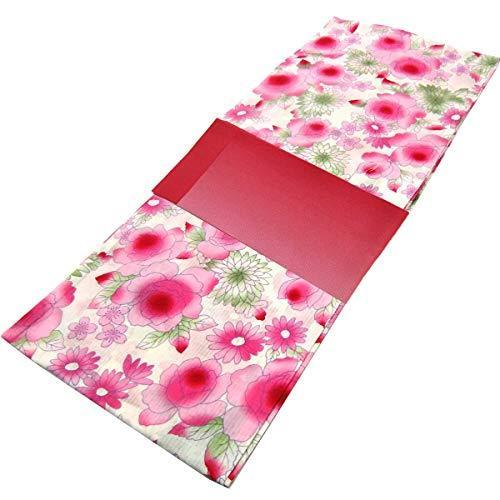 レディース 浴衣 2点 セット フリーサイズ ピンクの薔薇に菊と桜柄（アイボリー色地） 赤色のぼかし帯 [y3167] 変わり織