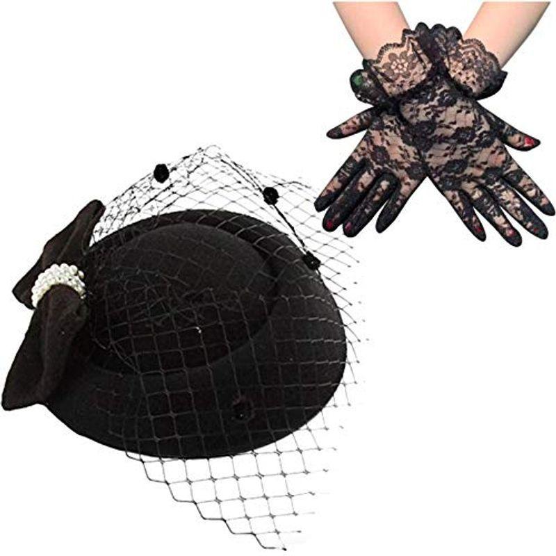 Sweet  トーク帽 カクテルハット ヘッドドレス パール リボン レース付き パーティー 結婚式 アクセサリー 手袋 セット (黒 B)
