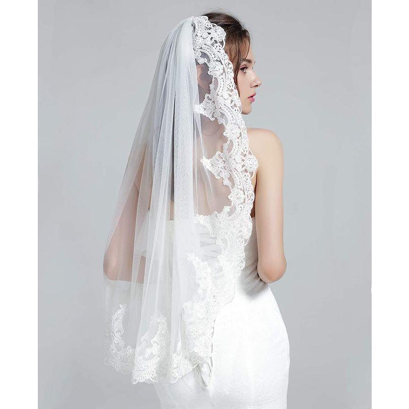ウェディングベール ブライダルベール チュール 花刺繍レース縁 フラワー ミドル丈 100cm丈 単層 金属製コーム 櫛付き パーティー 結 爆買い