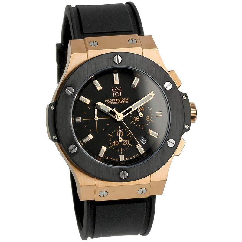 HYAKUICHI 101 腕時計 ウォッチ 100m防水 クロノグラフ 日付表示 ラバーベルト ブラック×ピンクゴールド メンズ 腕時計 ウォッチ 100m防水 クロノグラフ 日付表示 ラバーベルト ブラック×ピンクゴールド メンズ