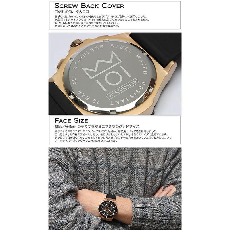 HYAKUICHI 101 腕時計 ウォッチ 100m防水 クロノグラフ 日付表示 ラバーベルト ブラック×ピンクゴールド メンズ 腕時計 ウォッチ 100m防水 クロノグラフ 日付表示 ラバーベルト ブラック×ピンクゴールド メンズ