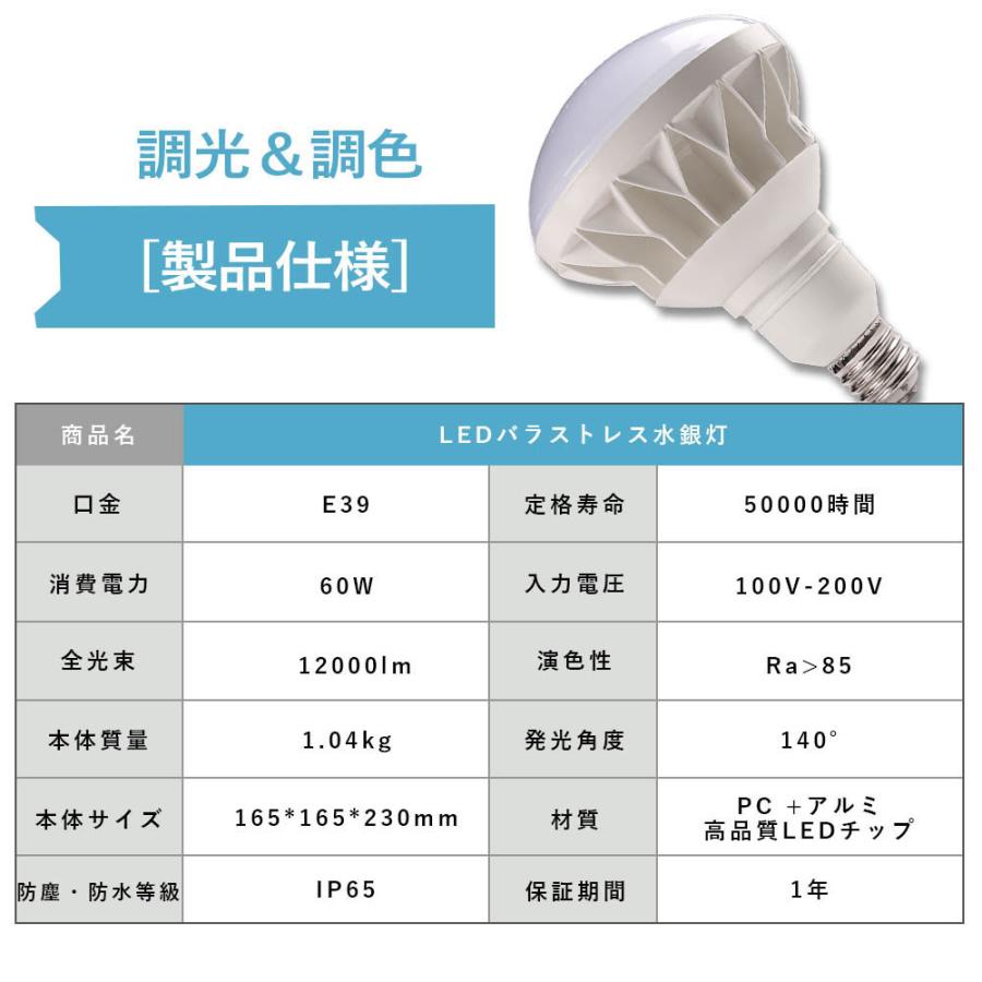 特売20個セット【送料無料】LEDバラストレス水銀灯 E39口金 par56 60w 全光束12000lm IP65防水抜群 調光＆調色機能付き 照射角度140° バラストレス水銀灯代替の画像