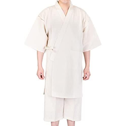 メンズファッション メンズ ロング甚平 着丈ながめ&7分丈ズボン サラッとしていてベタつかないしじら織 日本製 綿100% (ベージュ LL)