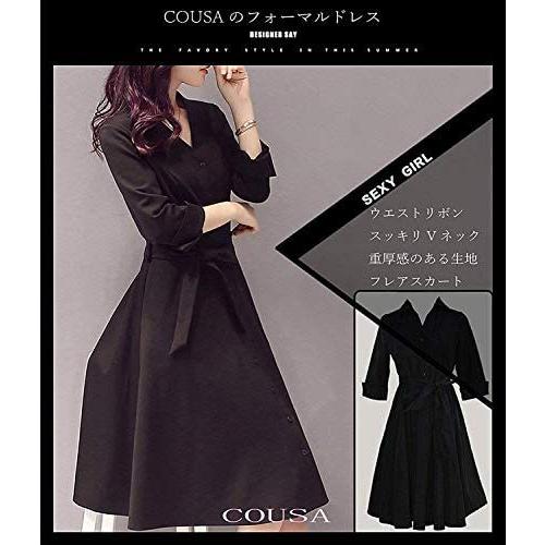 気質アップ レディース リボン 黒 Vネック スカート フレア ワンピース Cousa コウサ フォーマル A01ブラック S 厚手 ７分袖 ドレス ワンピース Www We Job Com