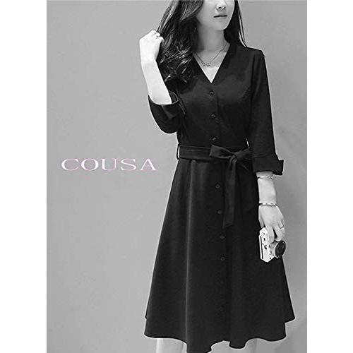 気質アップ レディース リボン 黒 Vネック スカート フレア ワンピース Cousa コウサ フォーマル A01ブラック S 厚手 ７分袖 ドレス ワンピース Www We Job Com