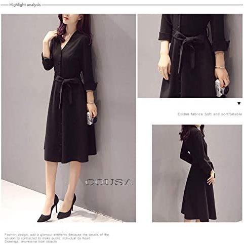 気質アップ レディース リボン 黒 Vネック スカート フレア ワンピース Cousa コウサ フォーマル A01ブラック S 厚手 ７分袖 ドレス ワンピース Www We Job Com