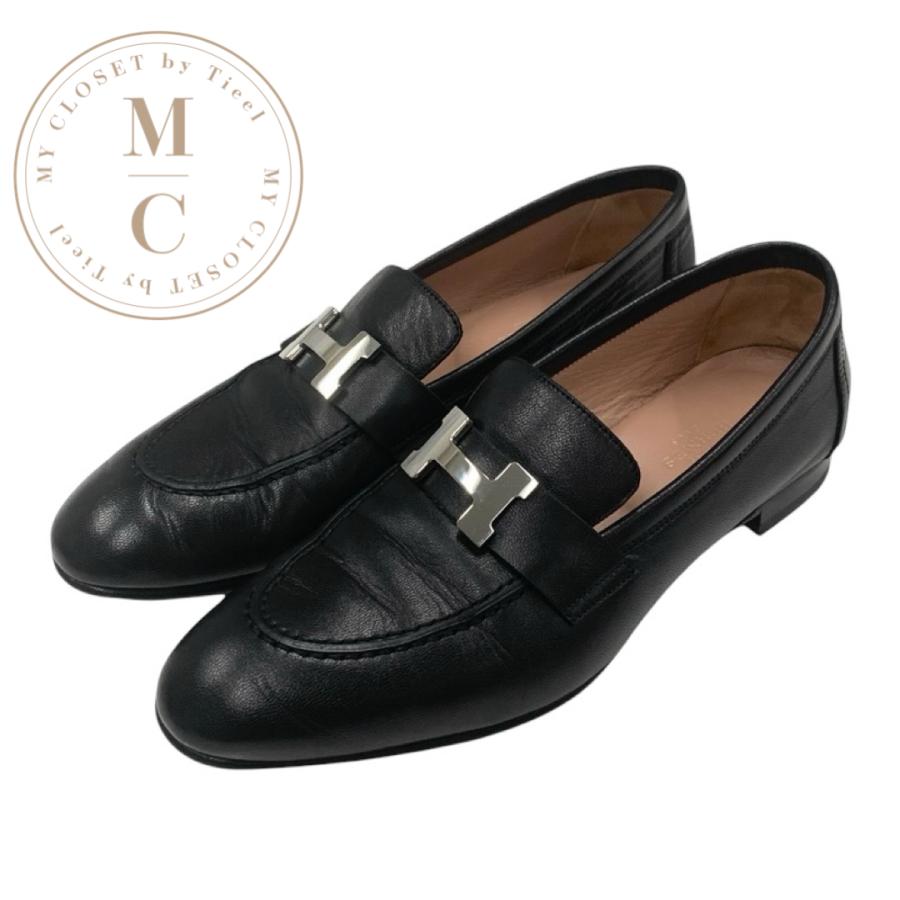 エルメス HERMES パリ ローファー 革靴 靴 シューズ レザー ブラック 黒 シルバー H金具 モカシン HERMES（エルメス） パリ ローファー 革靴 靴 シューズ レザー