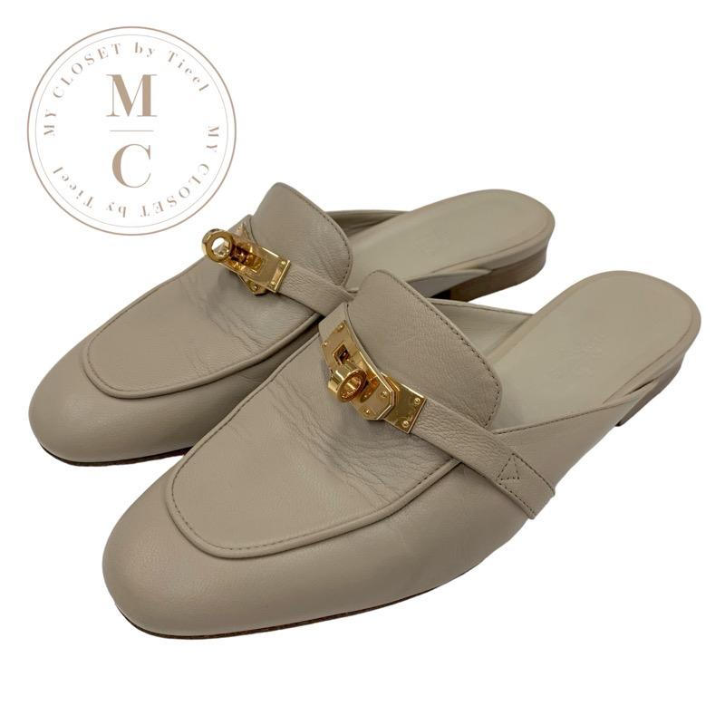 HERMES OZ エルメス　オズ　ケリー金具　ミュール　フラットシューズ　革靴 HERMES エルメス オズ フラットシューズ 靴 シューズ レザー ベージュ