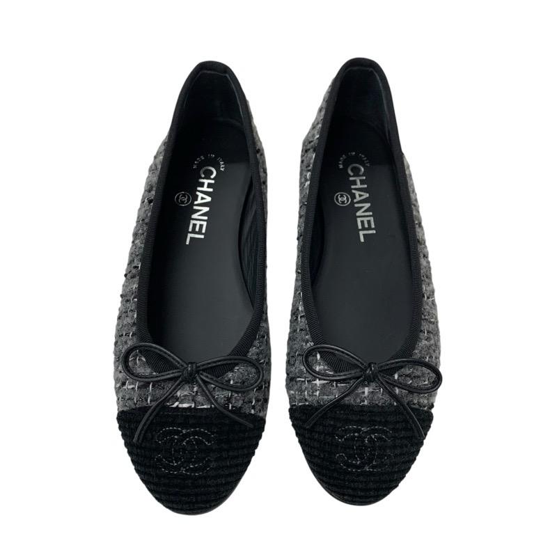 CHANEL シャネル　フラットシューズ　バレエシューズ　ココマーク　ツイード CHANEL シャネル フラットシューズ 靴 シューズ ツイード グレー