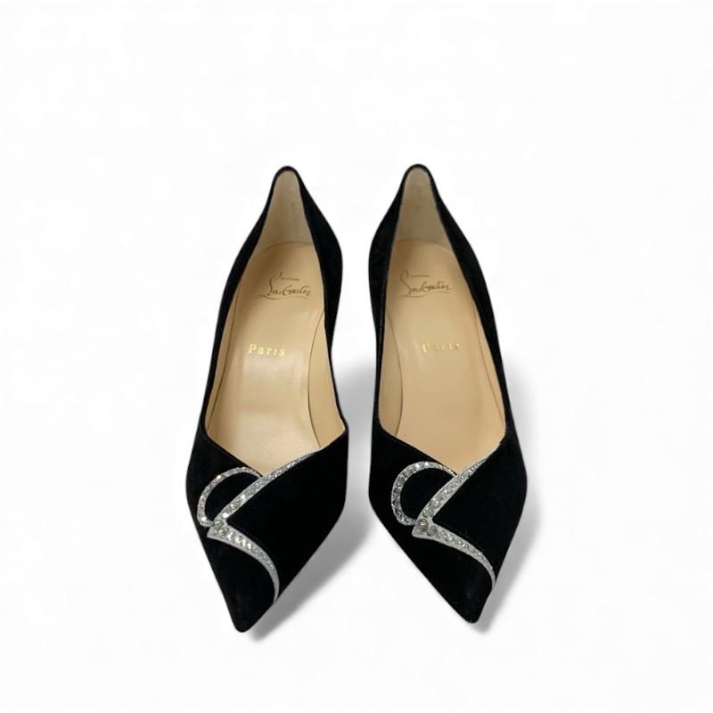 クリスチャンルブタン Christian Louboutin パンプス 靴 シューズ スエード ブラック 黒 未使用 ロゴ ラインストーン_1