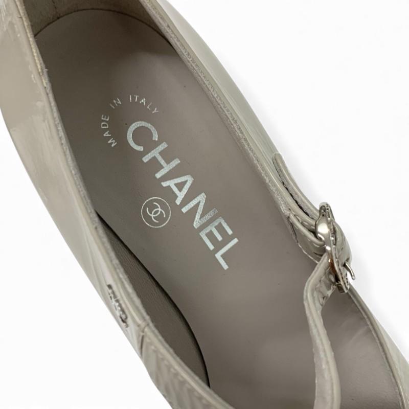 シャネル CHANEL パンプス 靴 シューズ レザー グレー ブラック ココマーク ストラップ シワ加工_6