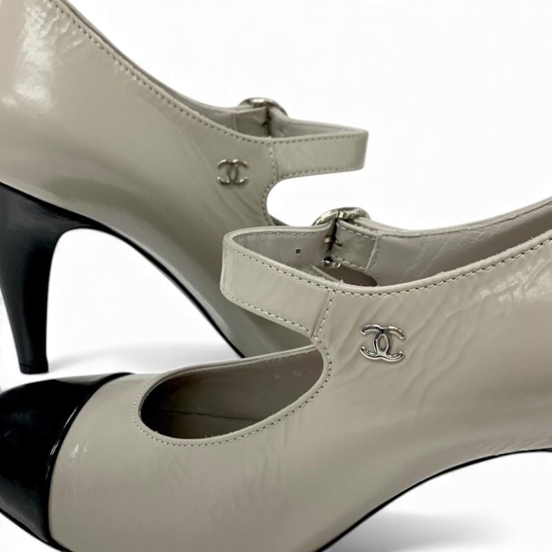 シャネル CHANEL パンプス 靴 シューズ レザー グレー ブラック ココマーク ストラップ シワ加工_8