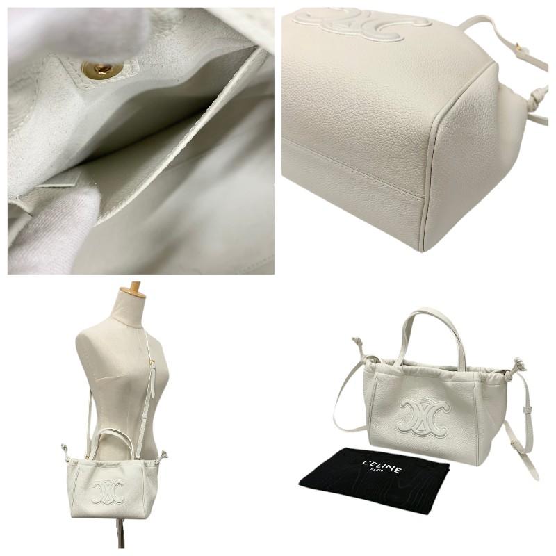 セリーヌ CELINE バッグ ショルダーバッグ ホワイト ゴールド スモール カバ ドローストリング キュイル トリオンフ レザー 2WAY_9