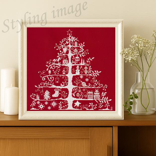 オリジナル本藍染、赤の旗布古布裏地 手縫いクリスマスツリー 輸入刺繍