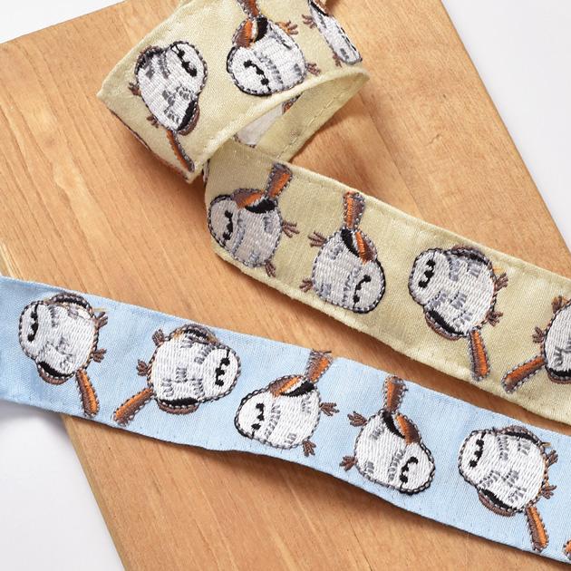 インド 刺繍 リボン シマエナガ 約32mm幅 1m単位販売 □ アニマル 鳥