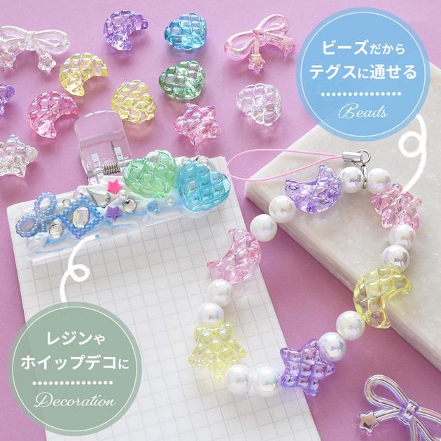 MY mama ビーズ オーロラ クリア キルト柄 × リボン パーツ 6個入 全4 