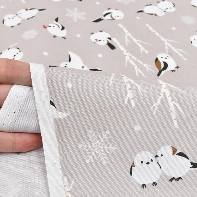 生地 布 布地 オックス 森のシマエナガ 可愛い □ 鳥 雪 結晶 木 綿