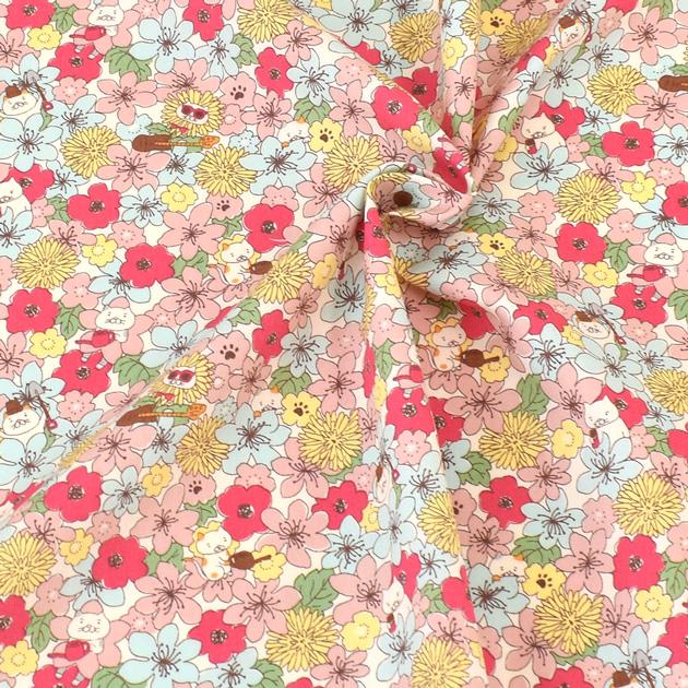 生地 ブロード 花柄 かわいい ねこ と ワイルド フラワー □ アニマル