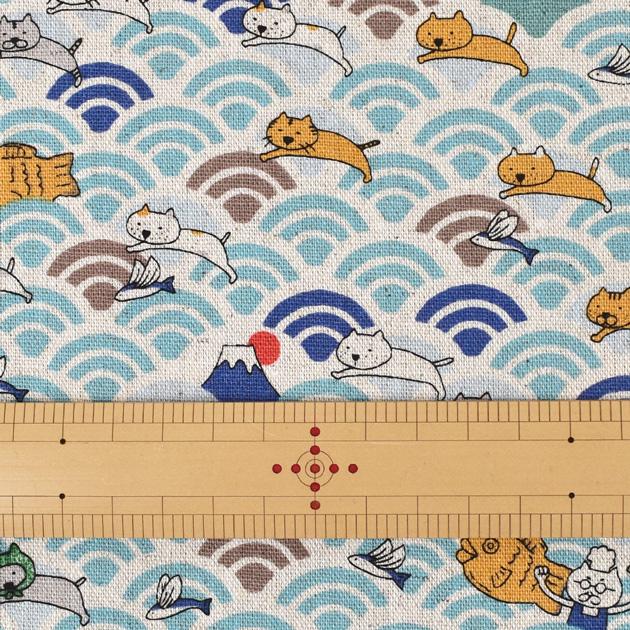 生地 綿麻 キャンバス 可愛い 和柄 青海波 ねこ と 鯛焼き □ バック