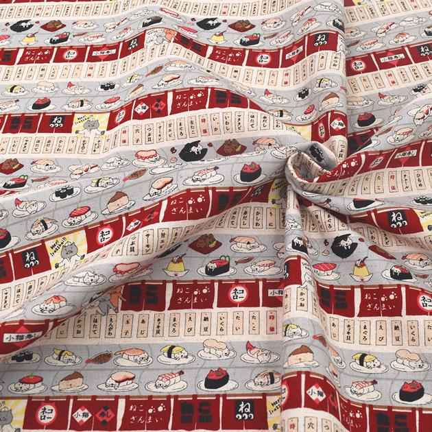 生地 布 布地 綿麻 キャンバス 回転寿司猫 □ ボーダー 可愛い バッグ