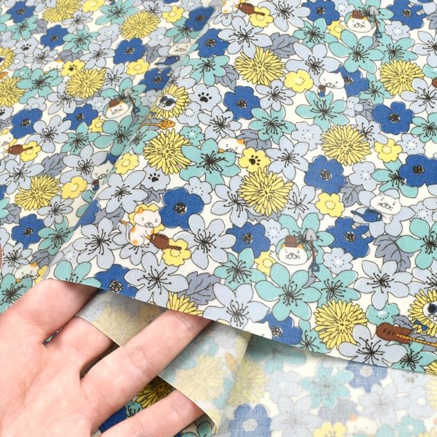 つや消し ラミネート 生地 ねこ と ワイルド フラワー 可愛い 綺麗