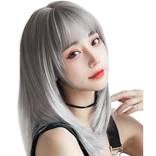 100 本物保証 レディースヘアケア ウィッグ セミロング グラデーション シルバー ストレート ミディアム グレー 自然 かつら カツラ フルウィッグ ぱっつん前髪 小顔 耐熱 Www Threeriversofs Com