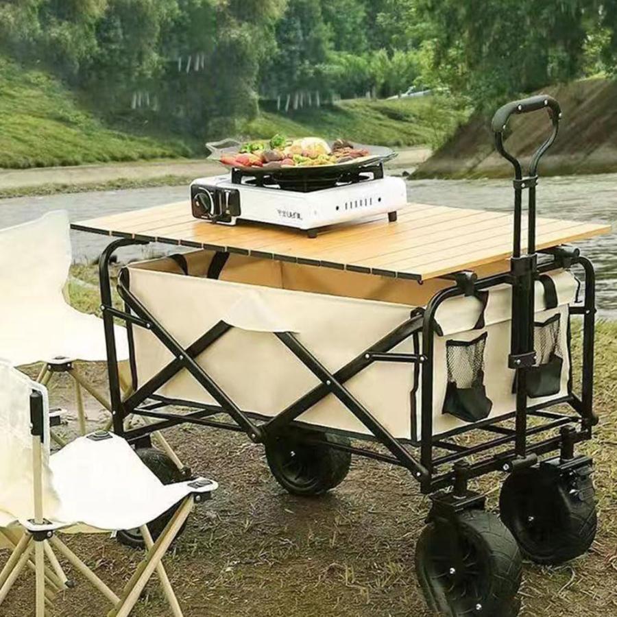 キャリーカート　椅子4脚付き　大型タイヤ　兼テーブル　100kgキャリーワゴン　折りたたむ　子供　高耐荷重　クイックキャンプ　キャリーワゴン　キャンプわごん　洗濯が簡