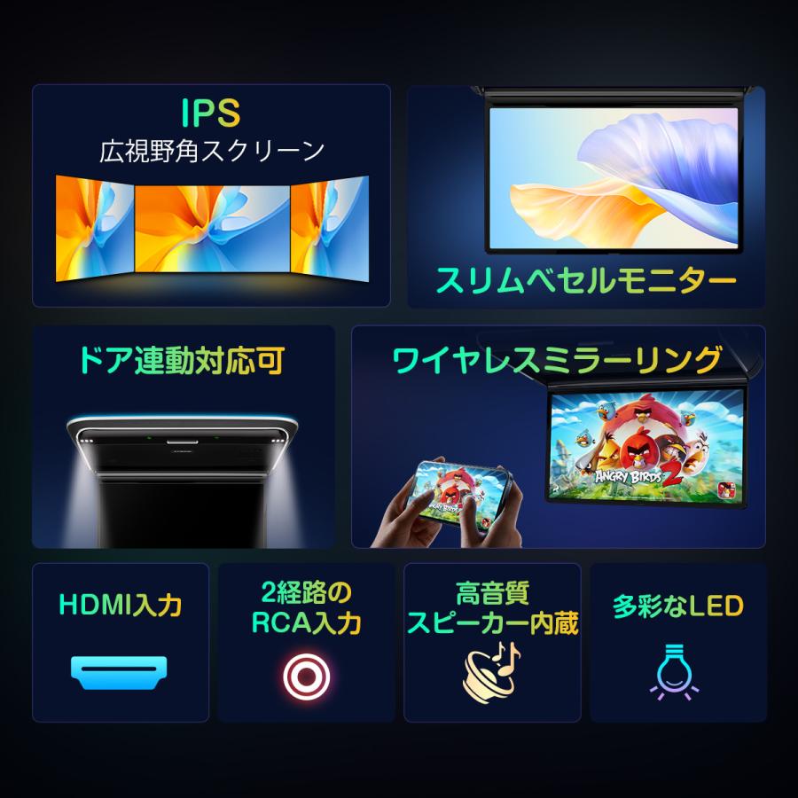 XTRONS フリップダウンモニター 14インチ Android 超薄 IPS大画面 フルHD 1920x1080 HDMI入力 8Kビデオ スピーカー内蔵 ドア連動 水平開閉155度 USB(CM141A)｜mycarlife-jp｜02