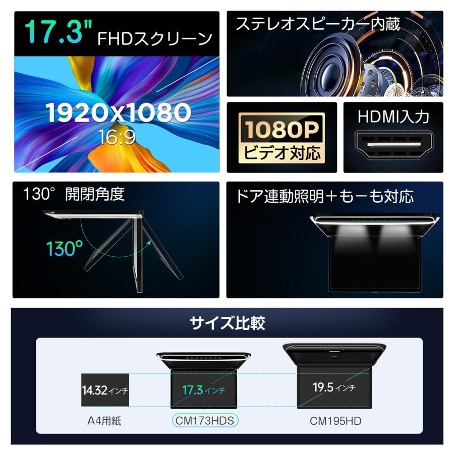 XTRONS 17.3インチ フリップダウンモニター スピーカー内蔵 16:9