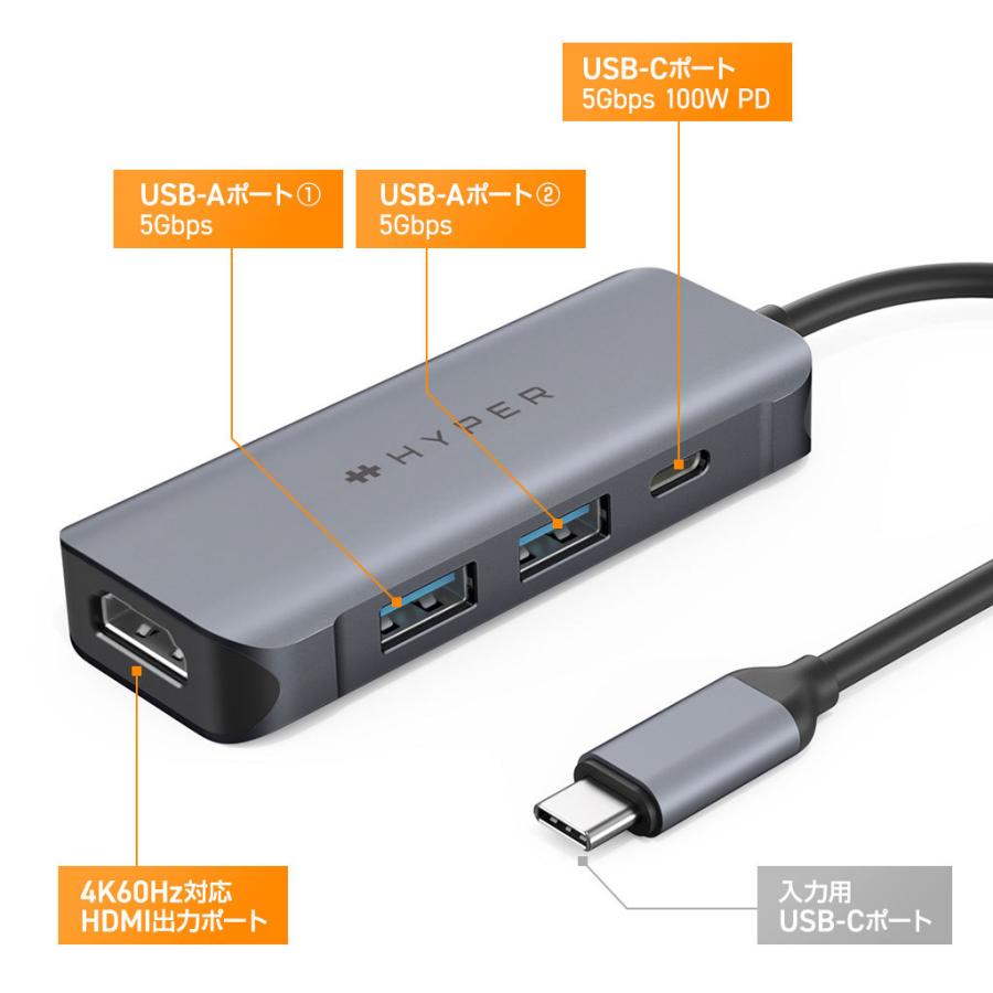 HyperDrive 4in1 USB-C Hub【100W急速充電 / ディスプレイ拡張 / 4K60Hz HDMI / 100W PD USB-C / USB3.2 Gen1対応 / USB-A × 2 】 ハイパー ハブ｜mycaseshop｜03