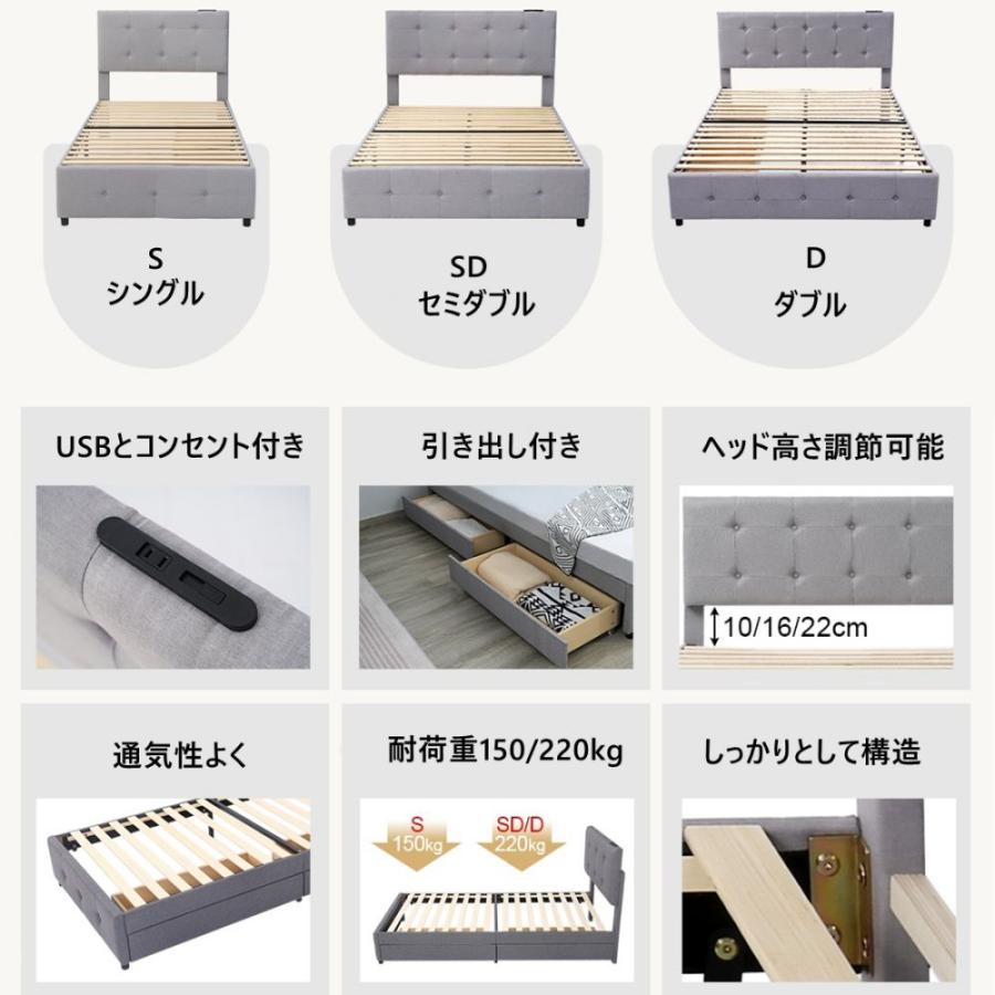 BTM D ファブリックベッド ダブル 引き出し付き 布貼りベッド 下収納