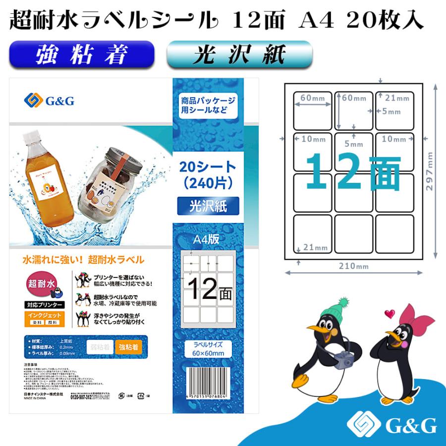G&G ラベルシール 超耐水 光沢紙 A4 20枚 12面 (正方形) 幅60mm 高さ