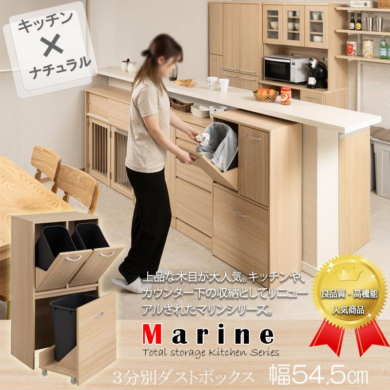 収納ラック おしゃれ カウンター下収納 3分別ダストボックス 幅55cm