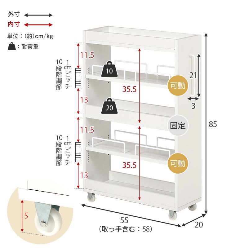 キッチンラック 隙間収納 20cm キッチン収納 スリム キッチンワゴン スリムラック キャスター付き 奥行 55cm_16