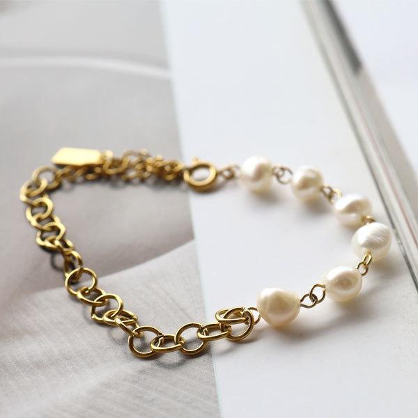 ブレスレット レディース ゴールド パール ステンレスチェーン 太め