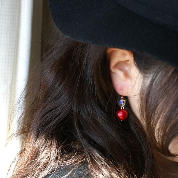 スワロフスキー コットンパール ピアス 赤 レッド スワロ swarovski