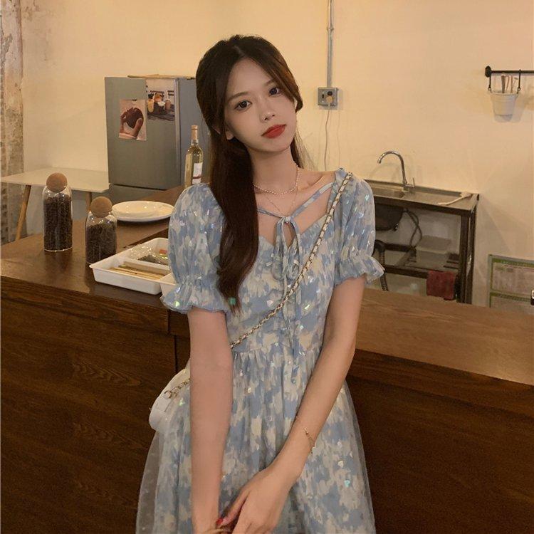 人気沸騰ブラドン トップス レディース ブルー ミドル丈ワンピース こなれ感 飲み会 ２次会 結婚式 パーティー 透明感 清楚感 大人かわいい 大人っぽい 透け感 フレア きれいめ パーティドレス サイズ S Www Fattoriabacio Com