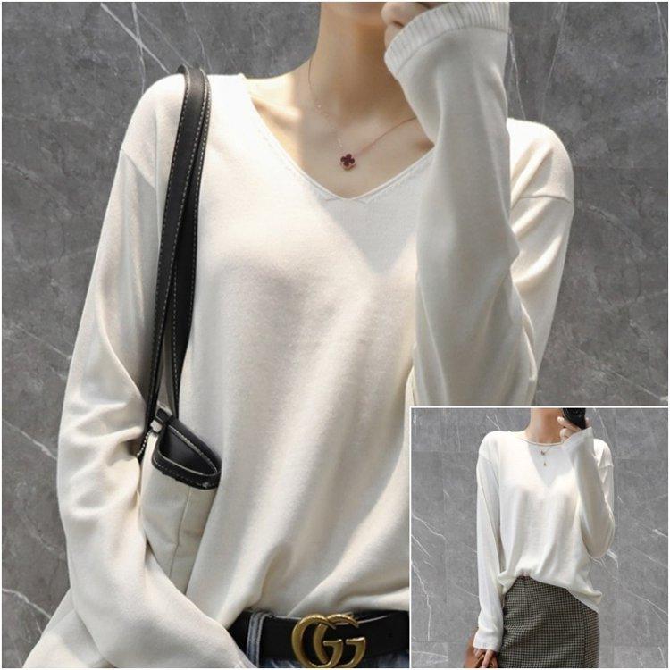 10色 2種類 トップス レディース セーター 白シャツ 白トップス 袖あり 長袖 Vネック Uネック きれいめ シンプル カジュアル 上品 おしゃれ かっこいい こなれ感 超歓迎