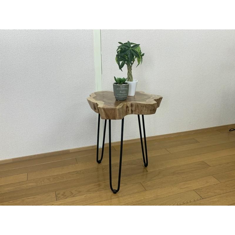 送料無料】チーク 切り株 木目天板 鉄脚テーブル スツール 花台 飾り台