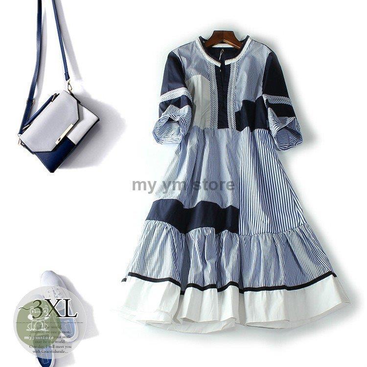 安い質屋 ワンピース 半袖 五分袖 夏 ストライプ柄 フリル ガーリー ナチュラル ベーシック 清潔感 カジュアル 爽やか ブルー アウトレット人気商品 Www Shirleyryan Ca