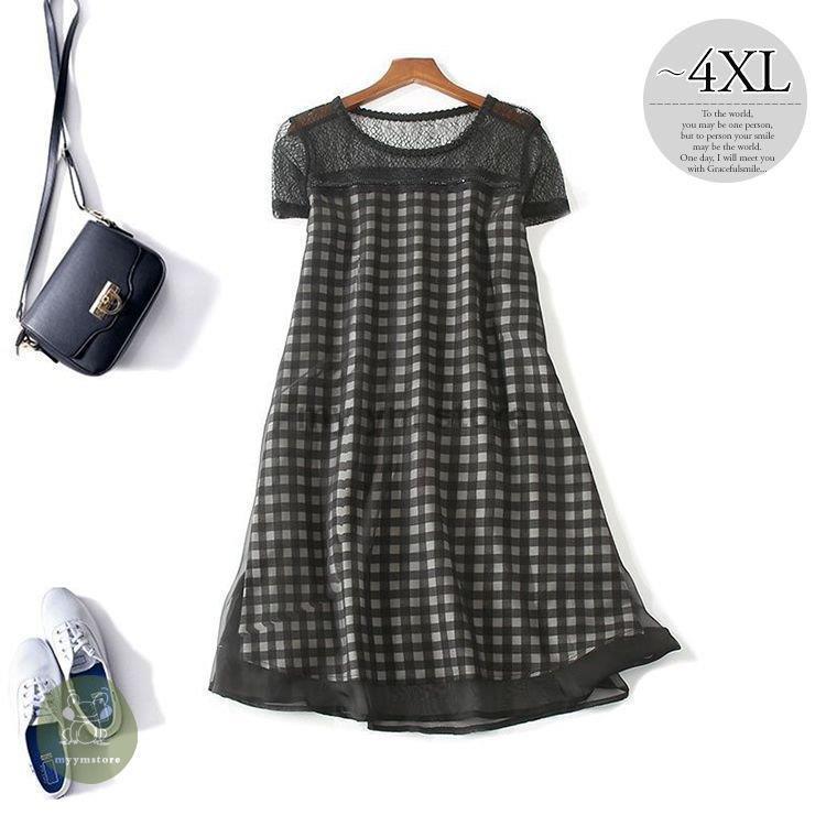 通販限定商品 ワンピース チェック柄 ラウンドネック 半袖 シースルー レース 透け感 ブラック ナチュラルコーデ 甘め ミセス 食事会 ストリート リゾート 大特価販売中 Www Superavila Com