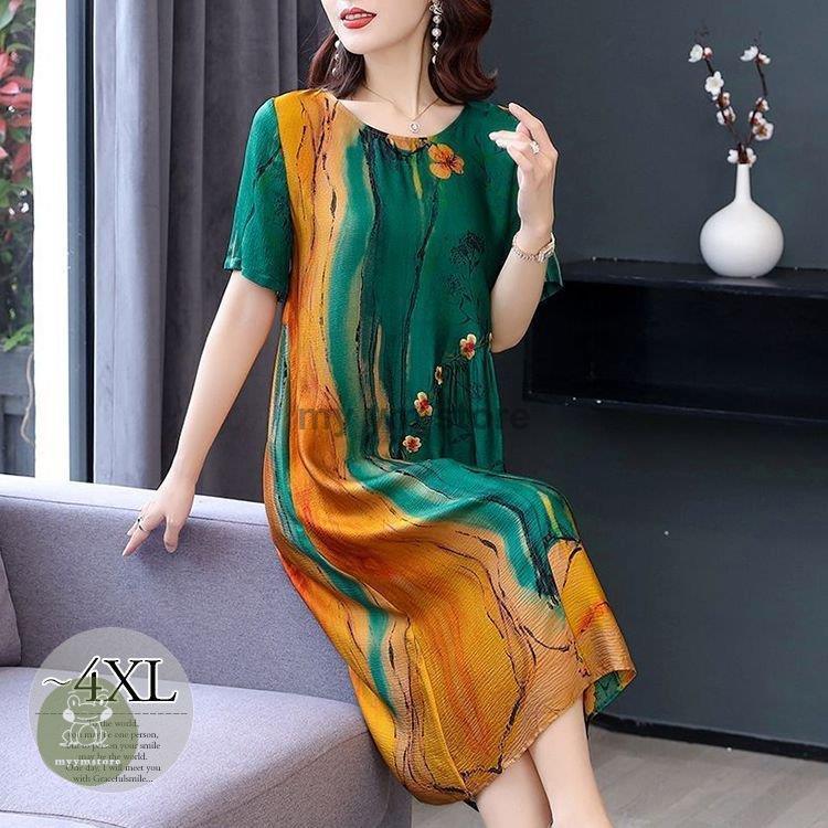 注目ブランドのギフト クール 美人 女子会 食事会 休日 柔らか アーティスティック 膝下丈 半袖 花柄 ラウンドネック ワンピース 鮮やかで上品な彩りを纏う Size 母親 上品 定番 清楚 ワンピース チュニック