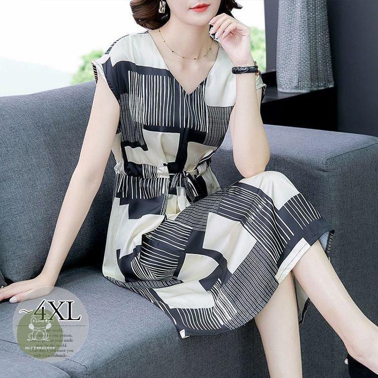 純正専門店 ワンピース Vネック ウエストリボン 総柄プリント 膝下丈 ブラック モダン 細見え 美人 ミセス 食事会 お出かけ シンプル 可愛い リゾート ネットお得セール Gangwal Me