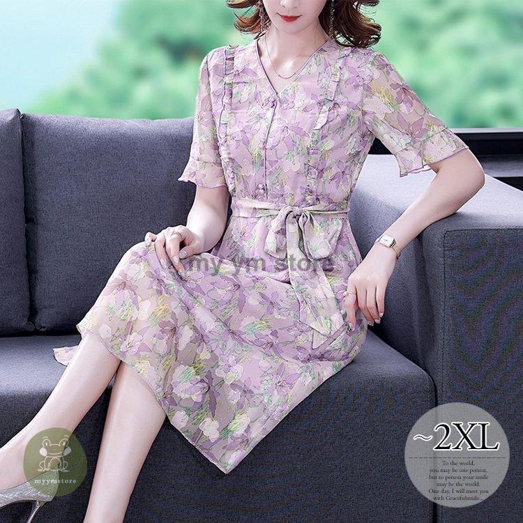 日本超安い ワンピース 花柄 半袖 Vネック とろみ ウエストリボン 膝下丈 クラシカル 涼しげ クール フェミニン 休日 母親 デート 定番 お出かけ オンラインコード Plotson Com